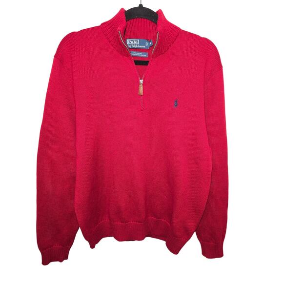 POLO RALPH LAUREN 1/4 ZIP MOCK PULLOVER RED MENS M PREPPY CASUAL LEATHER ACCENT